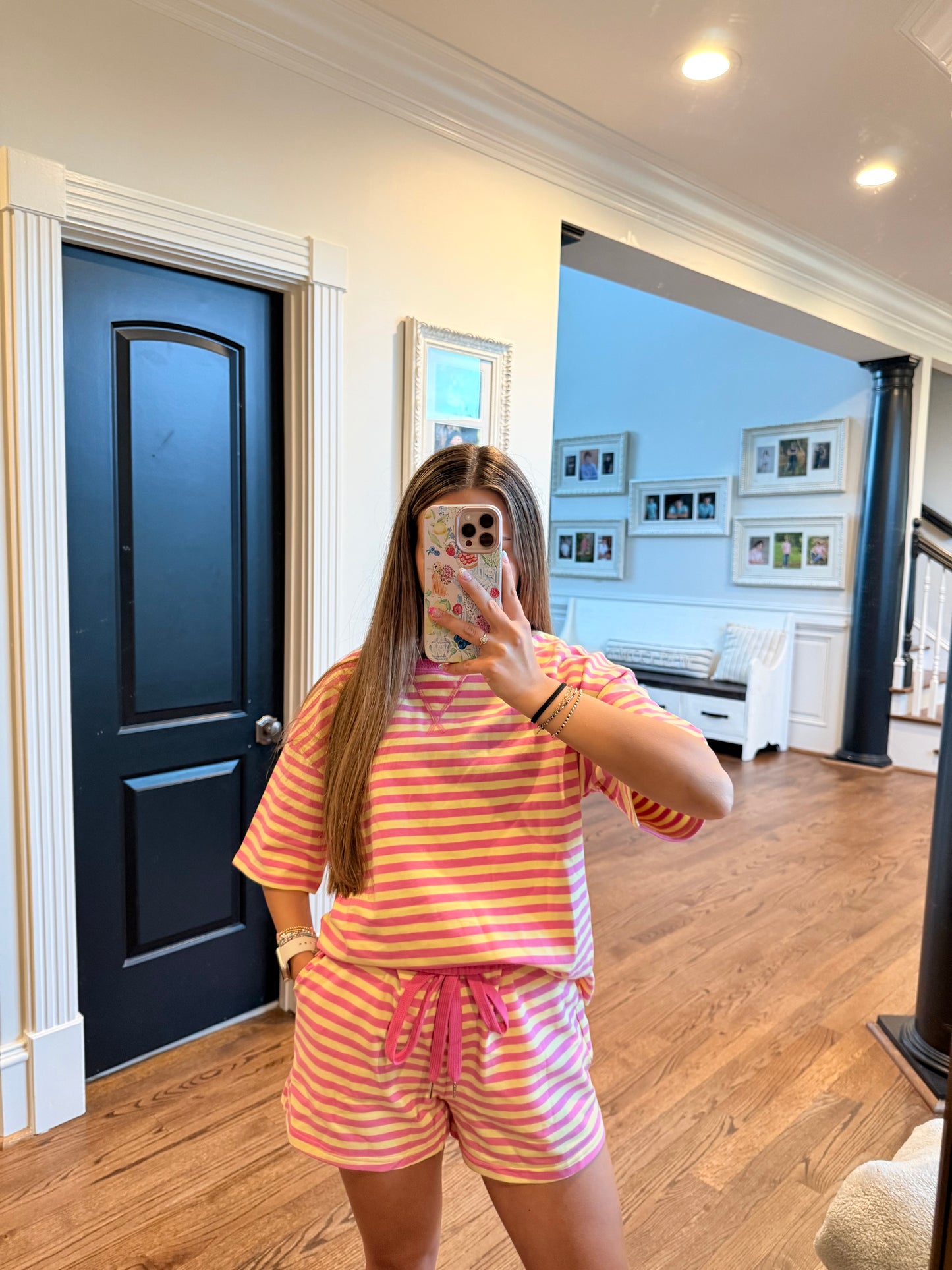 Striped Drop Shoulder Boxy Casual Terry Short Set