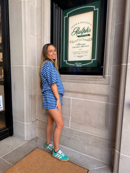 Striped Short Sleeve Pullover Short Set