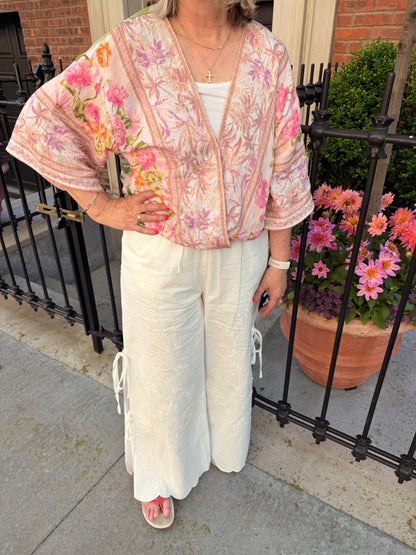 Border Print Front Wrap Kimono Top