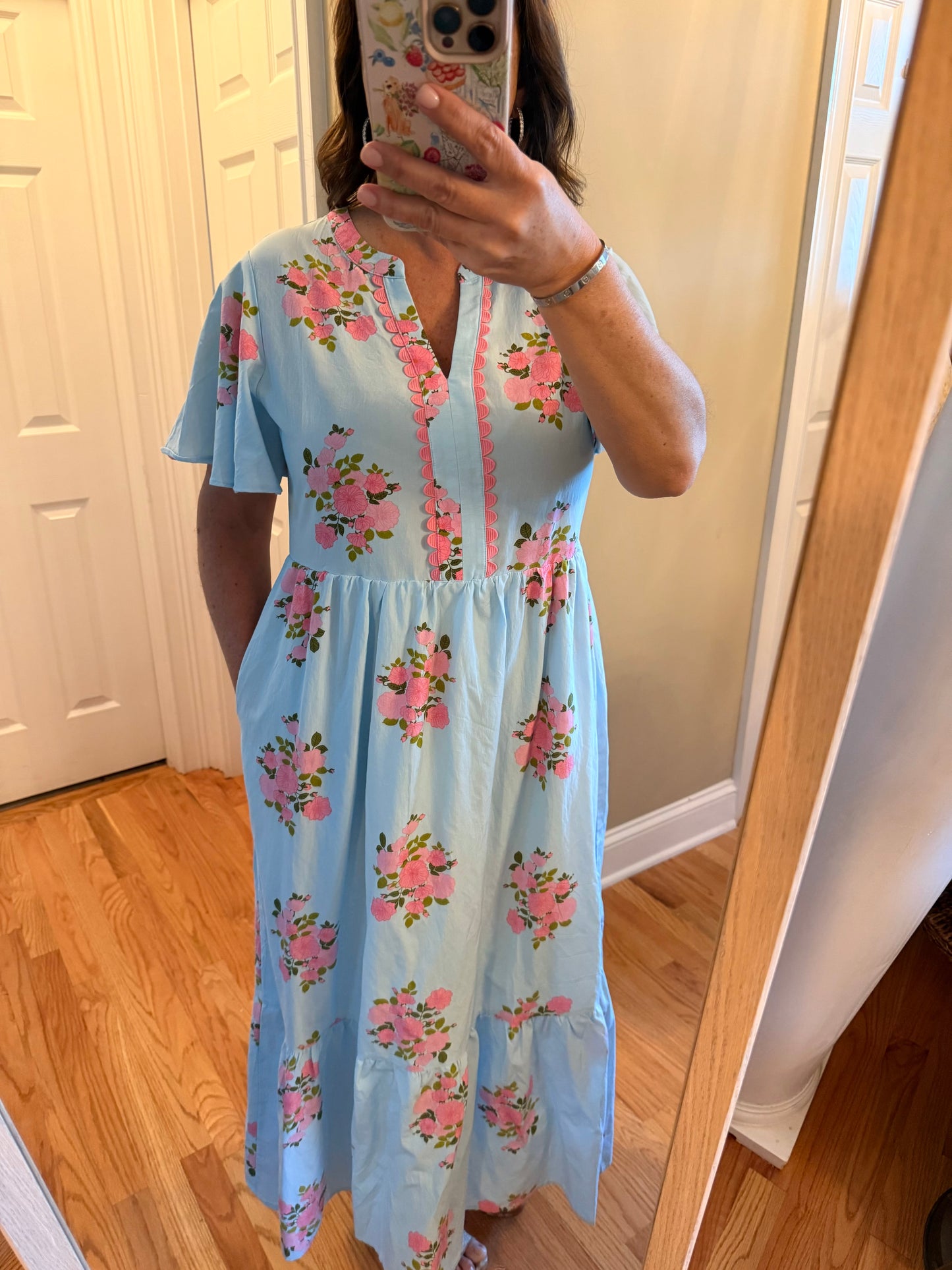 Spring Dress Notched Neck Flutter Floral Print Maxi Dress