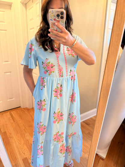 Spring Dress Notched Neck Flutter Floral Print Maxi Dress
