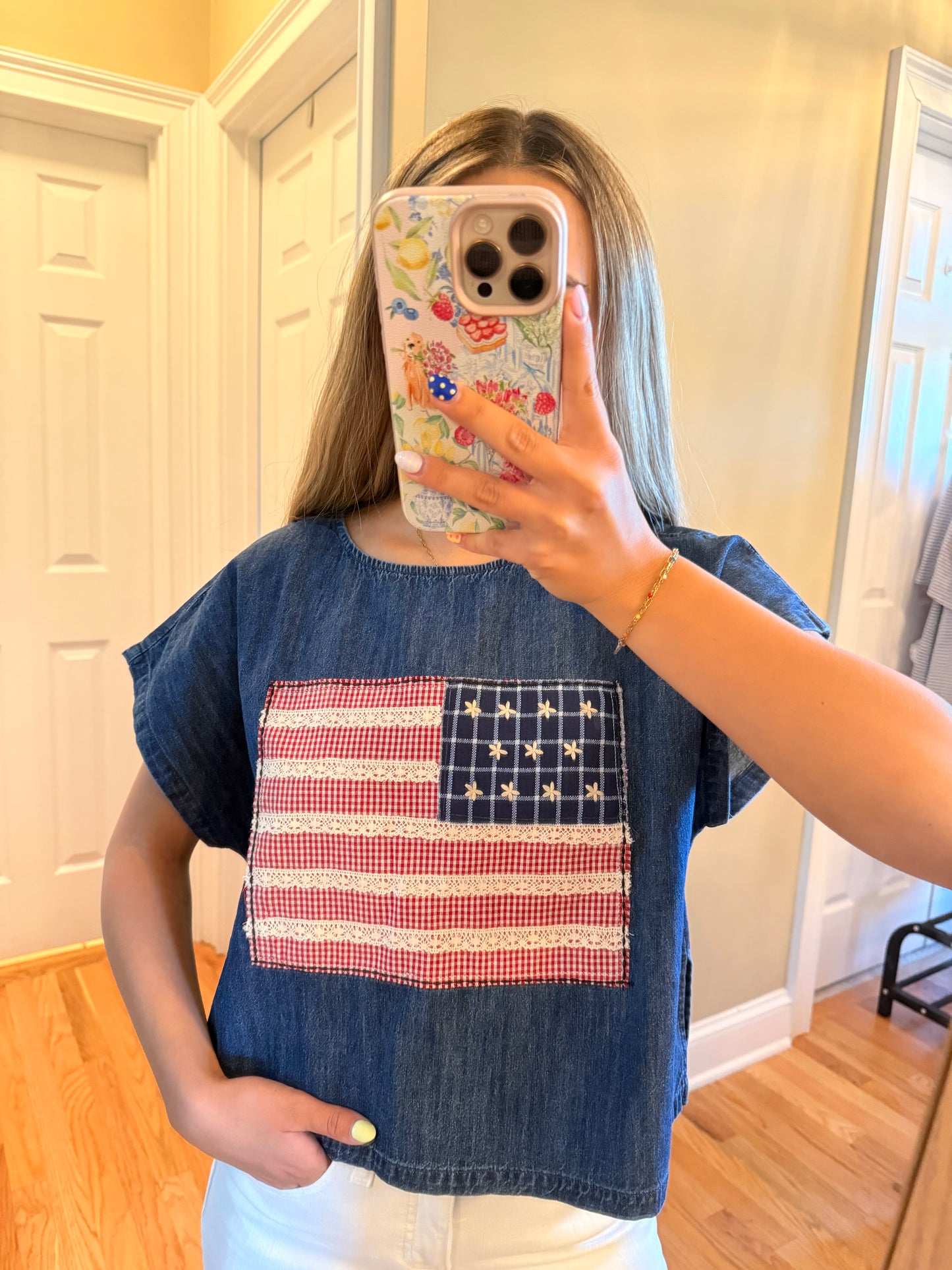 Mixed Fabric Flag Patched Dolman Sleeve Top
