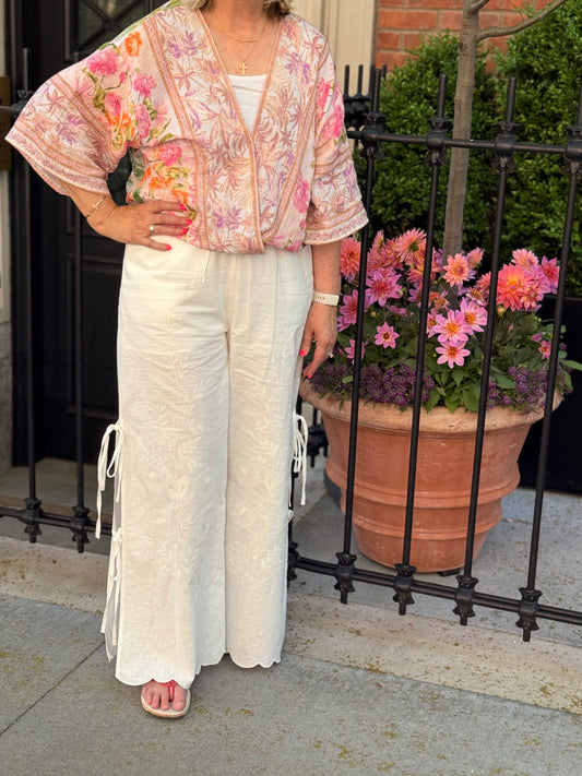 Border Print Front Wrap Kimono Top