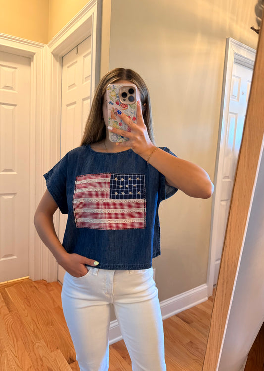 Mixed Fabric Flag Patched Dolman Sleeve Top