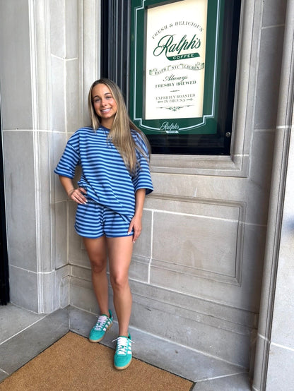 Striped Short Sleeve Pullover Short Set