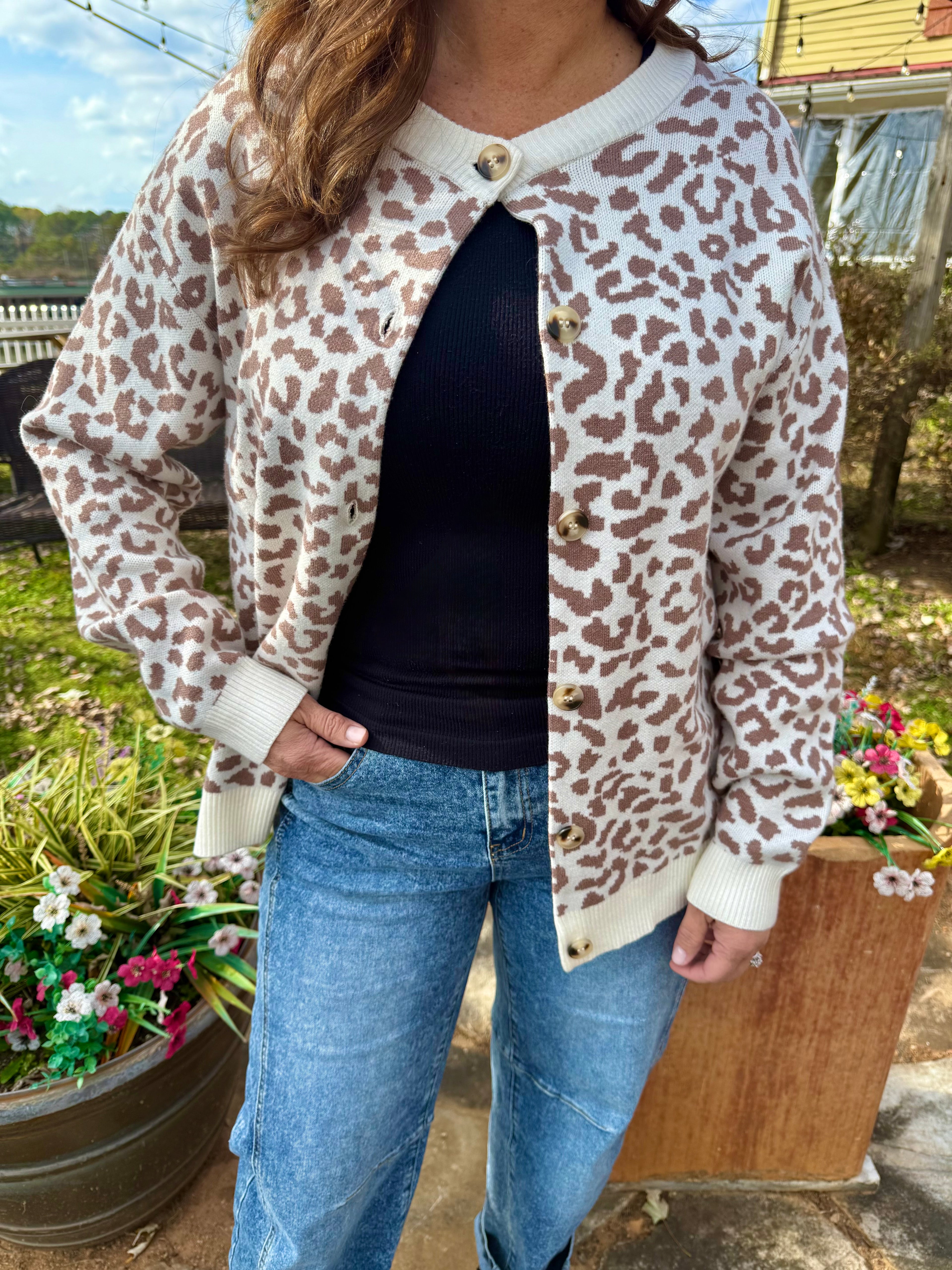 Leopard Drop Shoulder Knitted Cardigan