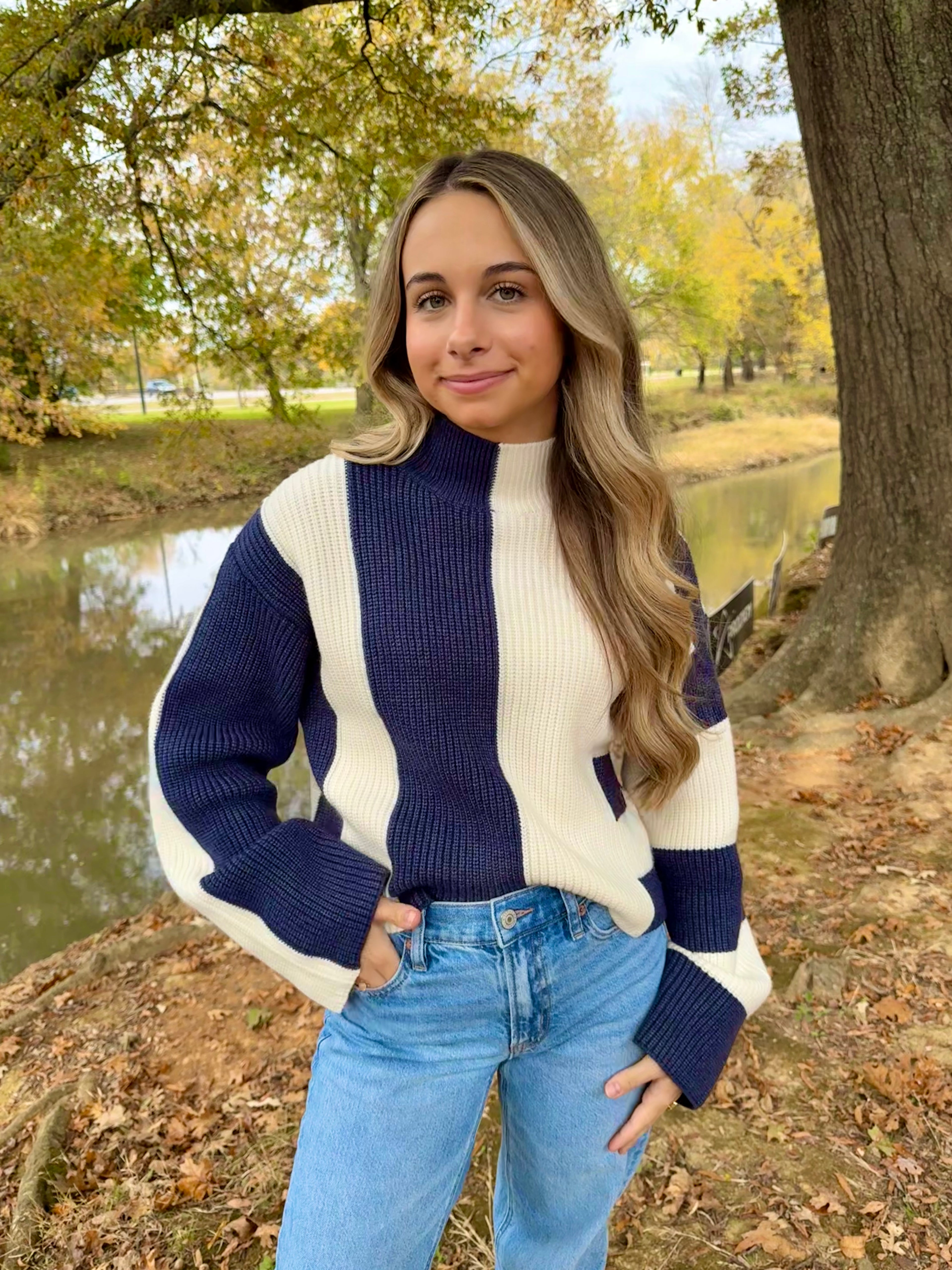 Color Block Mock Turtleneck Sweater