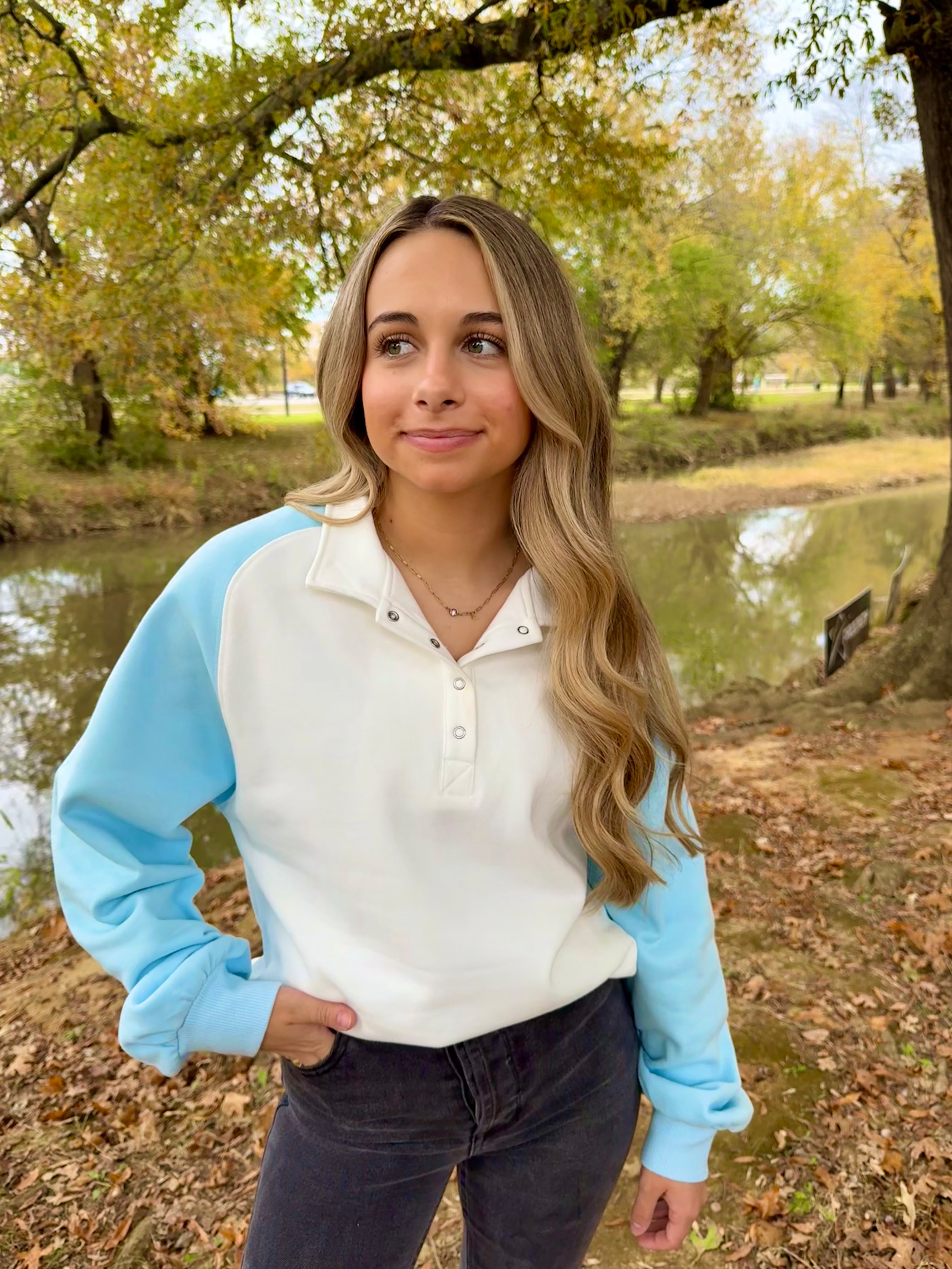 Beau Blue Colorblock Snap Buttons Pullover Sweatshirt