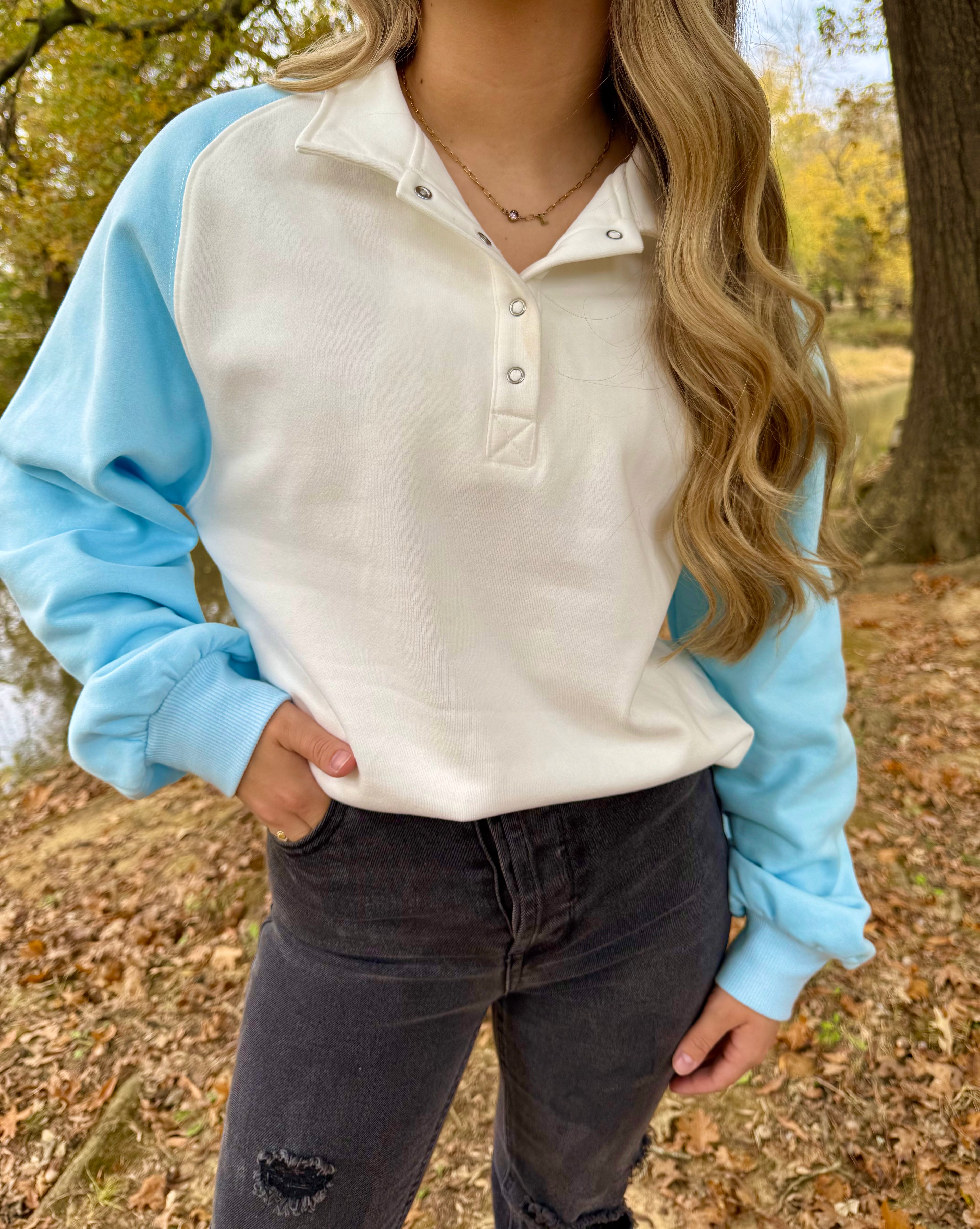 Beau Blue Colorblock Snap Buttons Pullover Sweatshirt