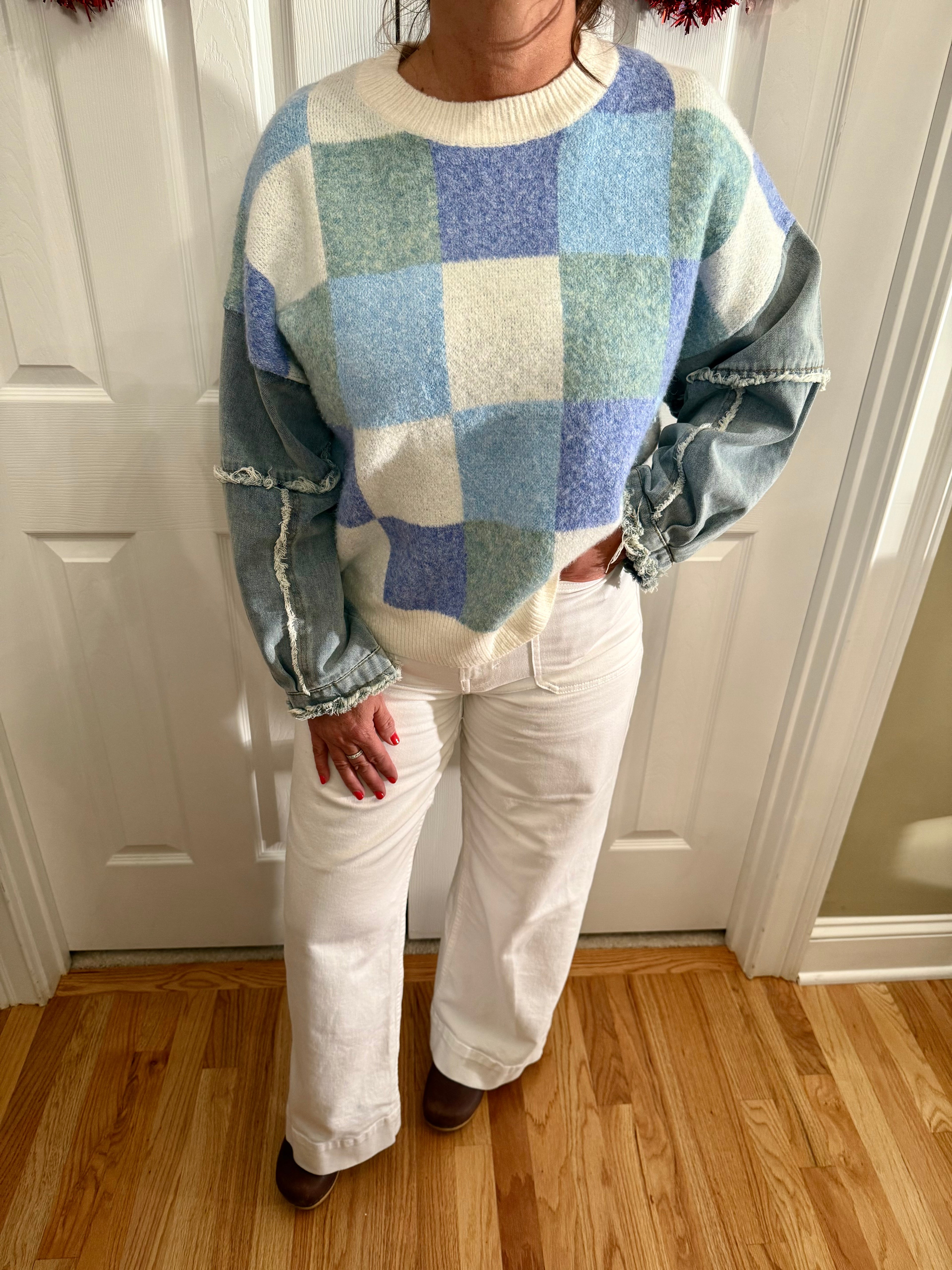 Checkered Knit with Denim Sleeves Crewneck Sweater