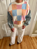 Checkered Knit with Denim Sleeves Crewneck Sweater