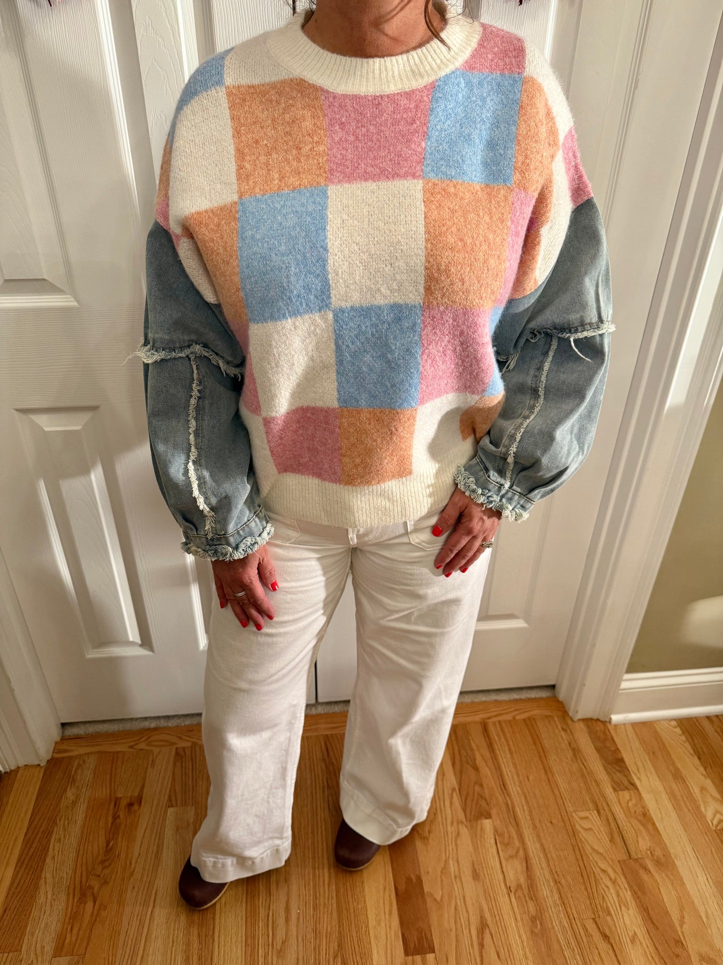 Checkered Knit with Denim Sleeves Crewneck Sweater