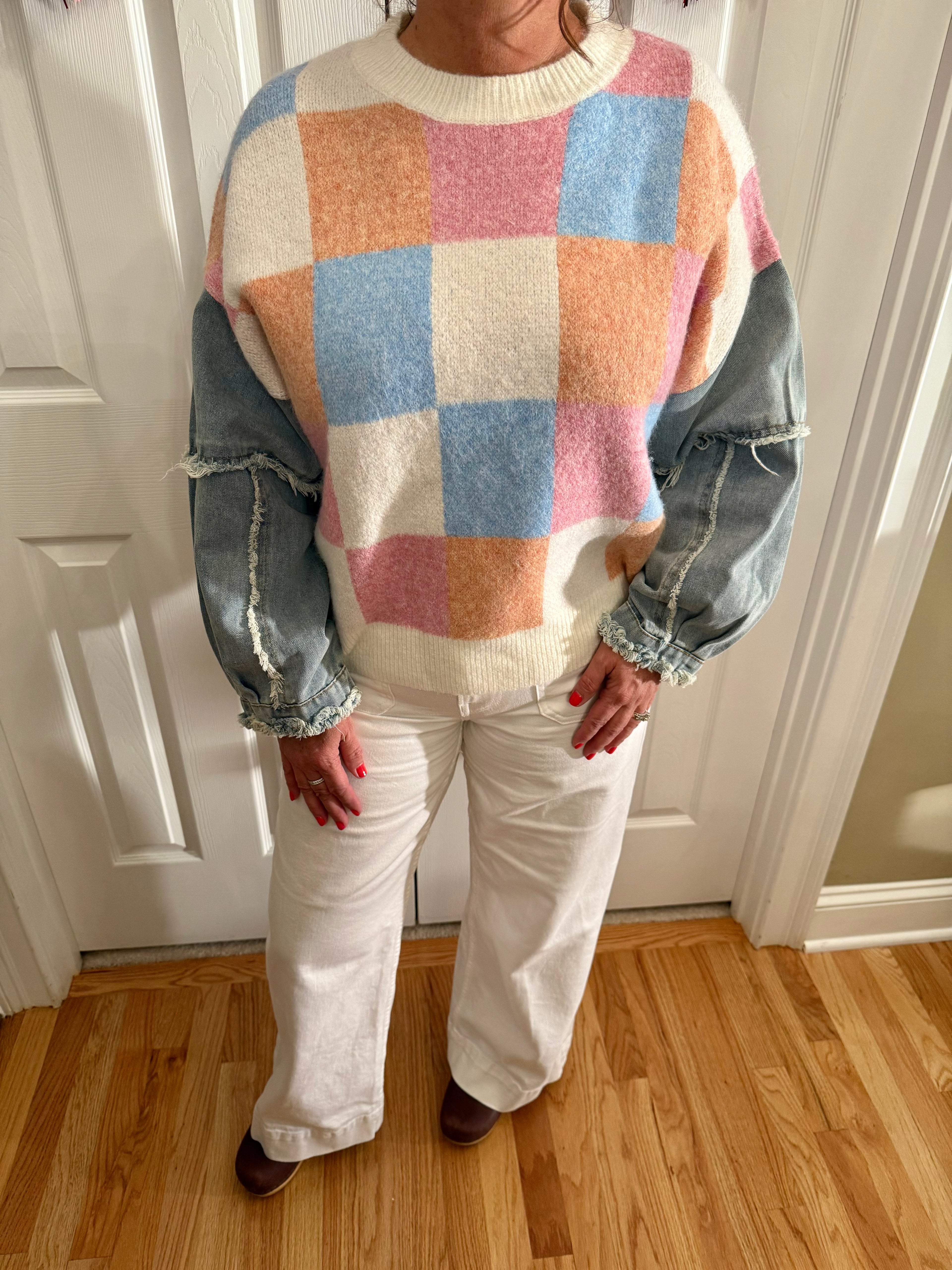 Checkered Knit with Denim Sleeves Crewneck Sweater