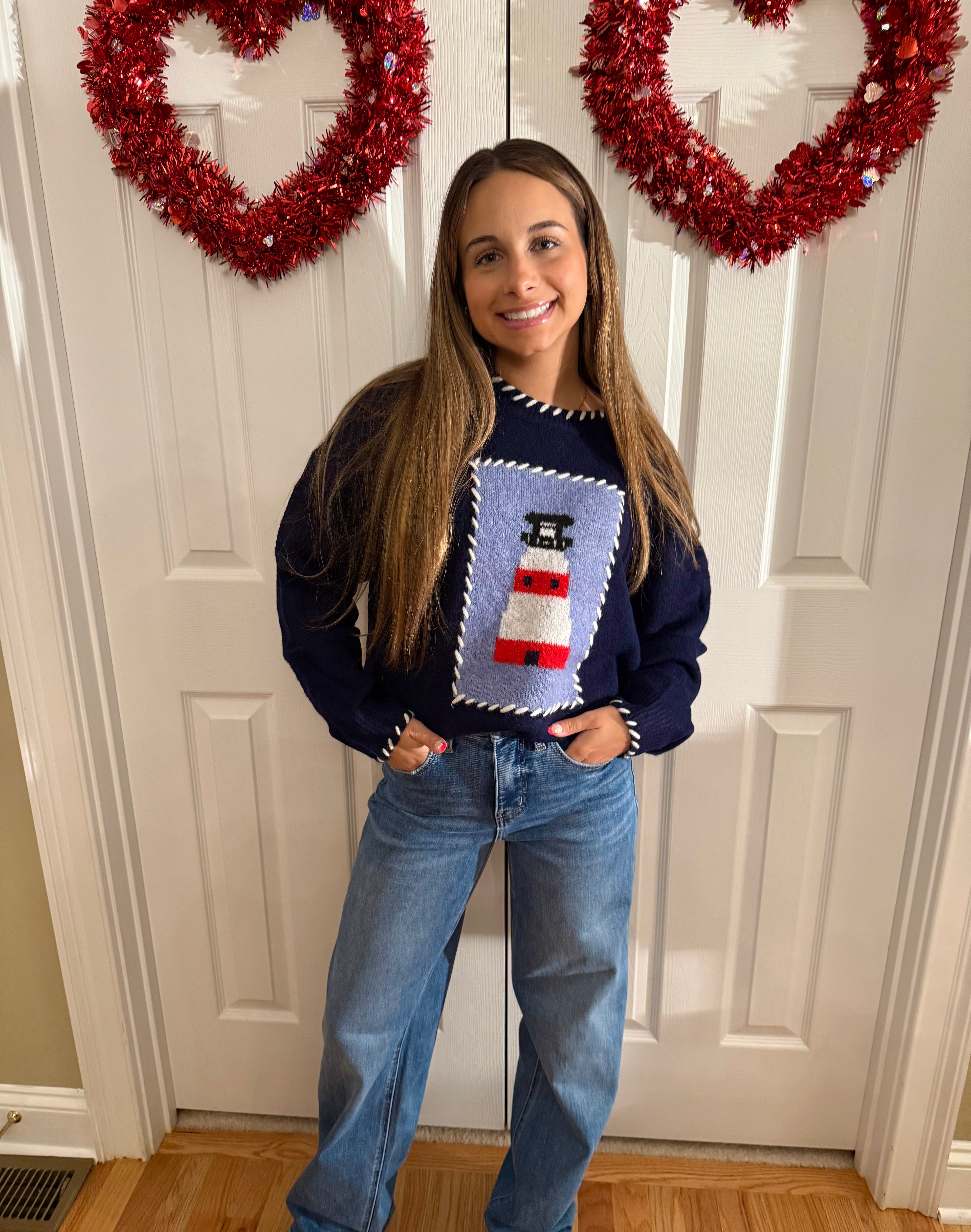 Whipstitch Trim Lighthouse Knit Sweater