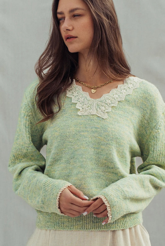 Lace Trim V-Neck Heathered Knit Sweater