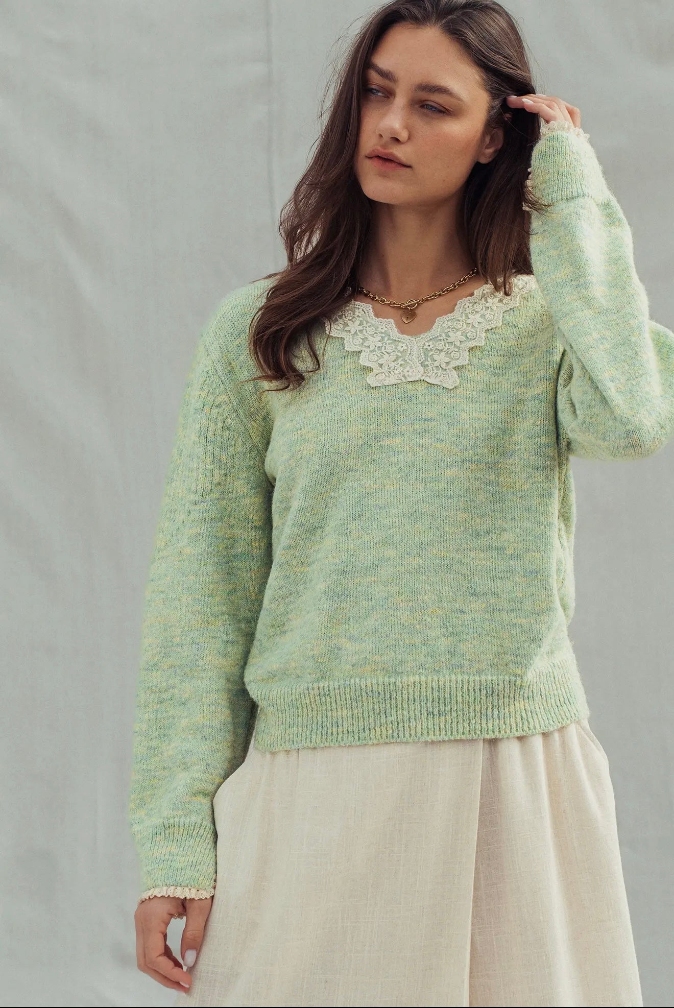 Lace Trim V-Neck Heathered Knit Sweater