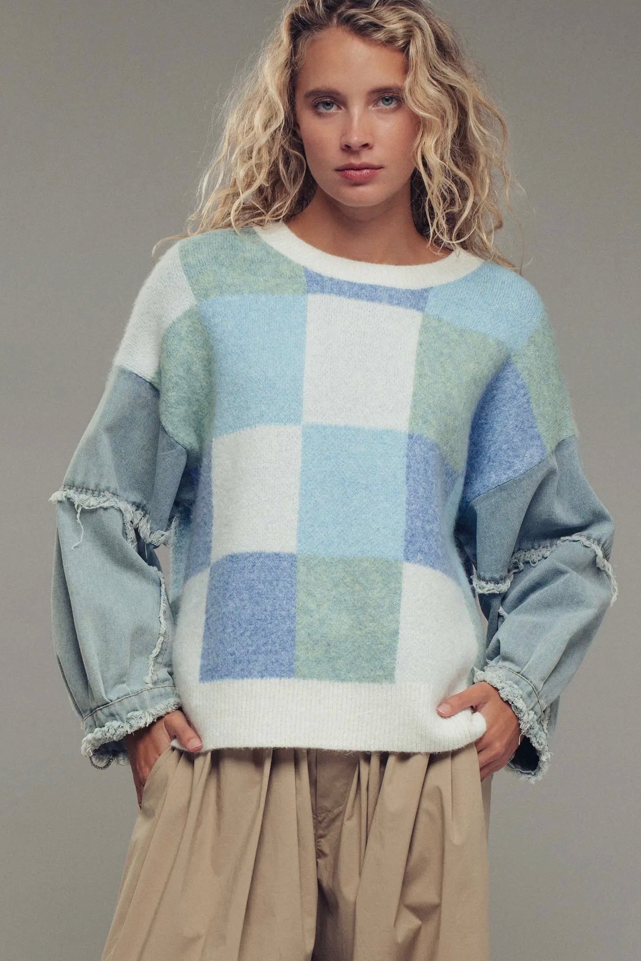 Checkered Knit with Denim Sleeves Crewneck Sweater