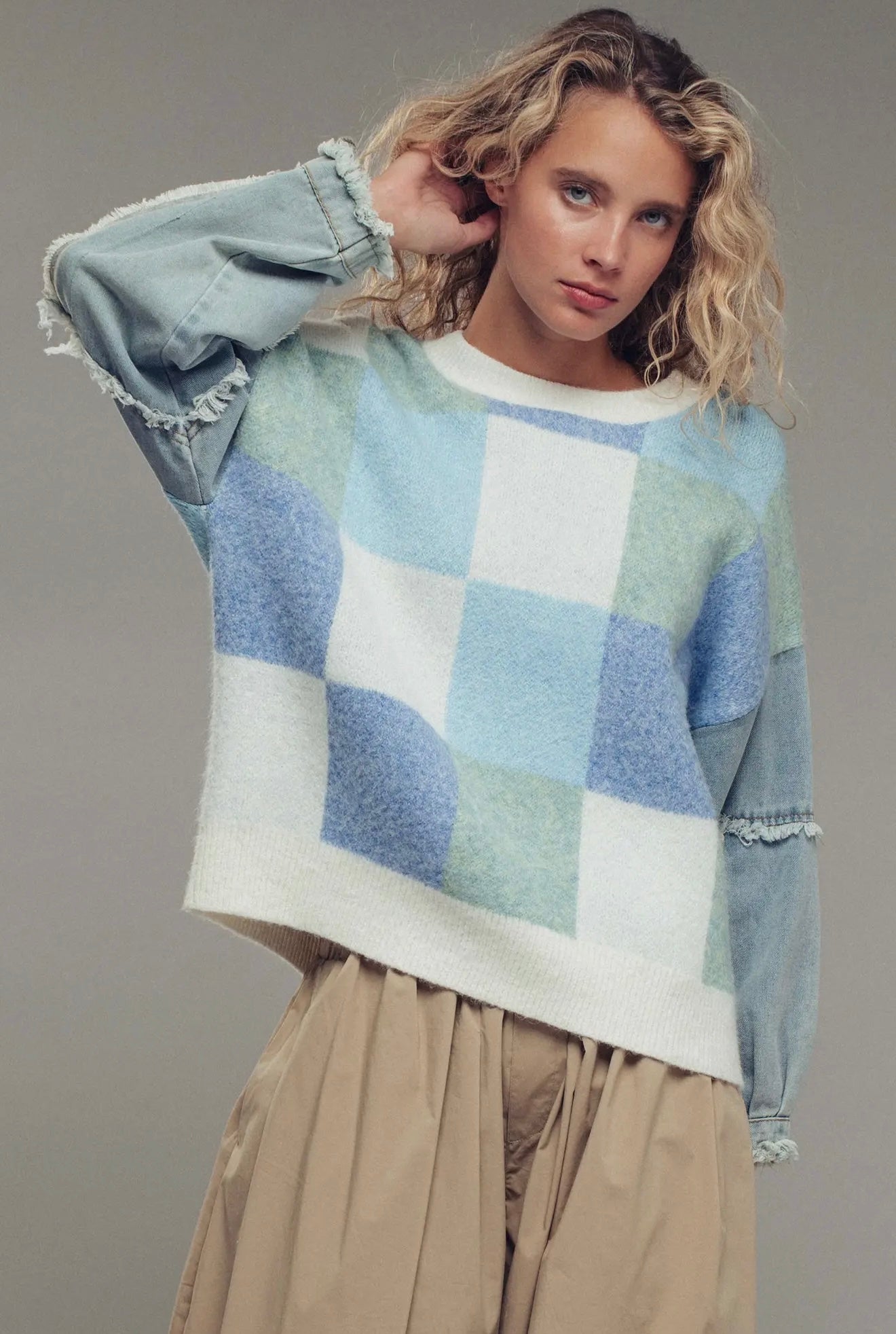 Checkered Knit with Denim Sleeves Crewneck Sweater