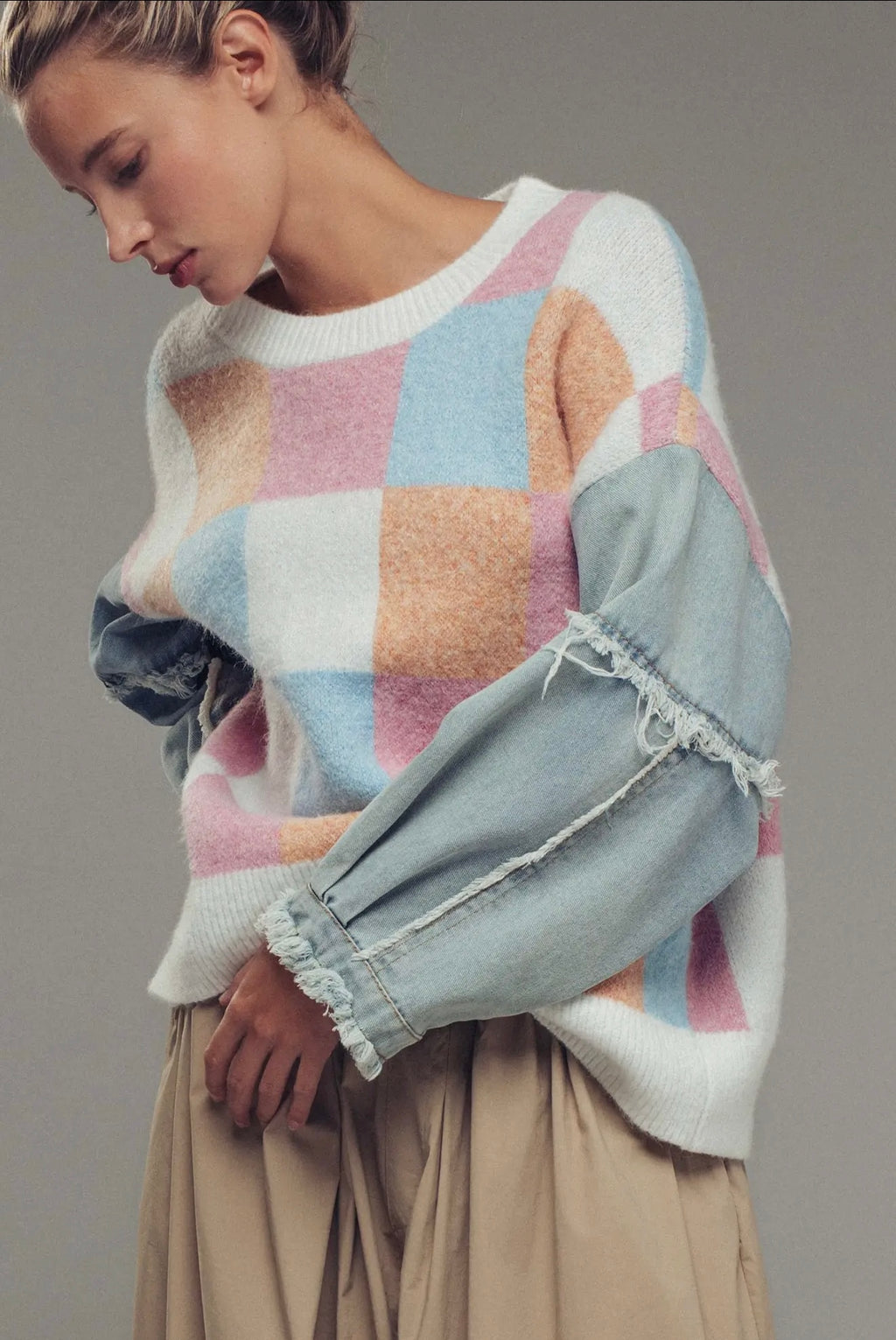 Checkered Knit with Denim Sleeves Crewneck Sweater