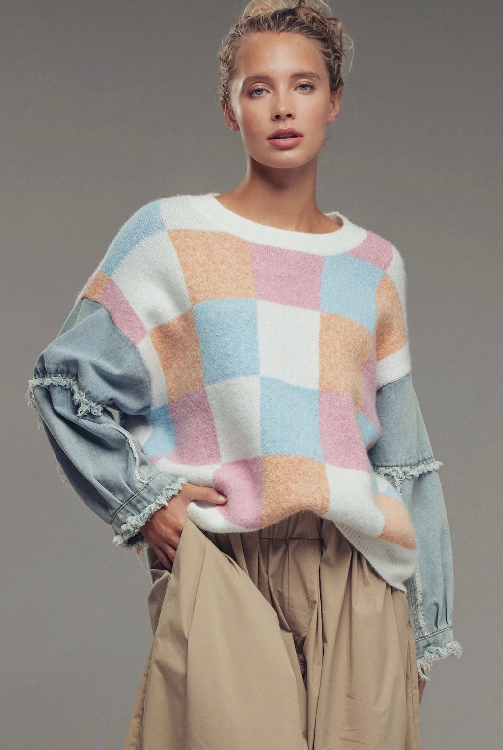 Checkered Knit with Denim Sleeves Crewneck Sweater