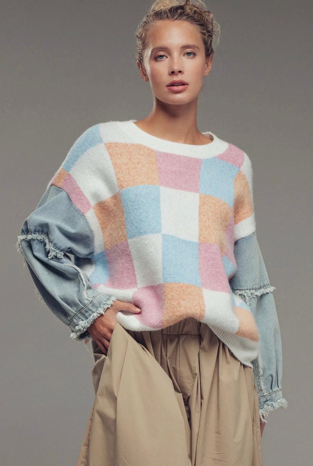 Checkered Knit with Denim Sleeves Crewneck Sweater